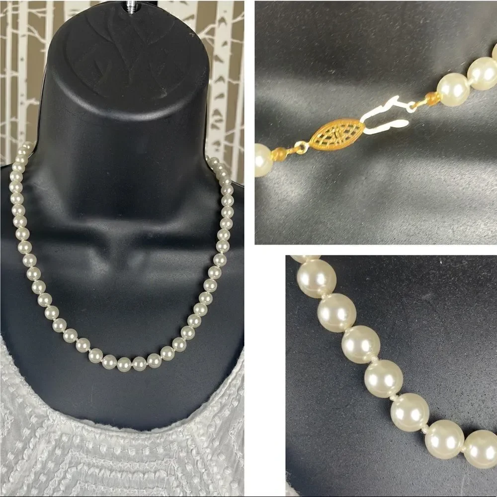 Pearl Necklace Hand Knotted Traditional Gold Filigree Hook Closure